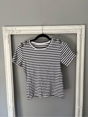 Classic Black & White Striped Button-Shoulder Tee